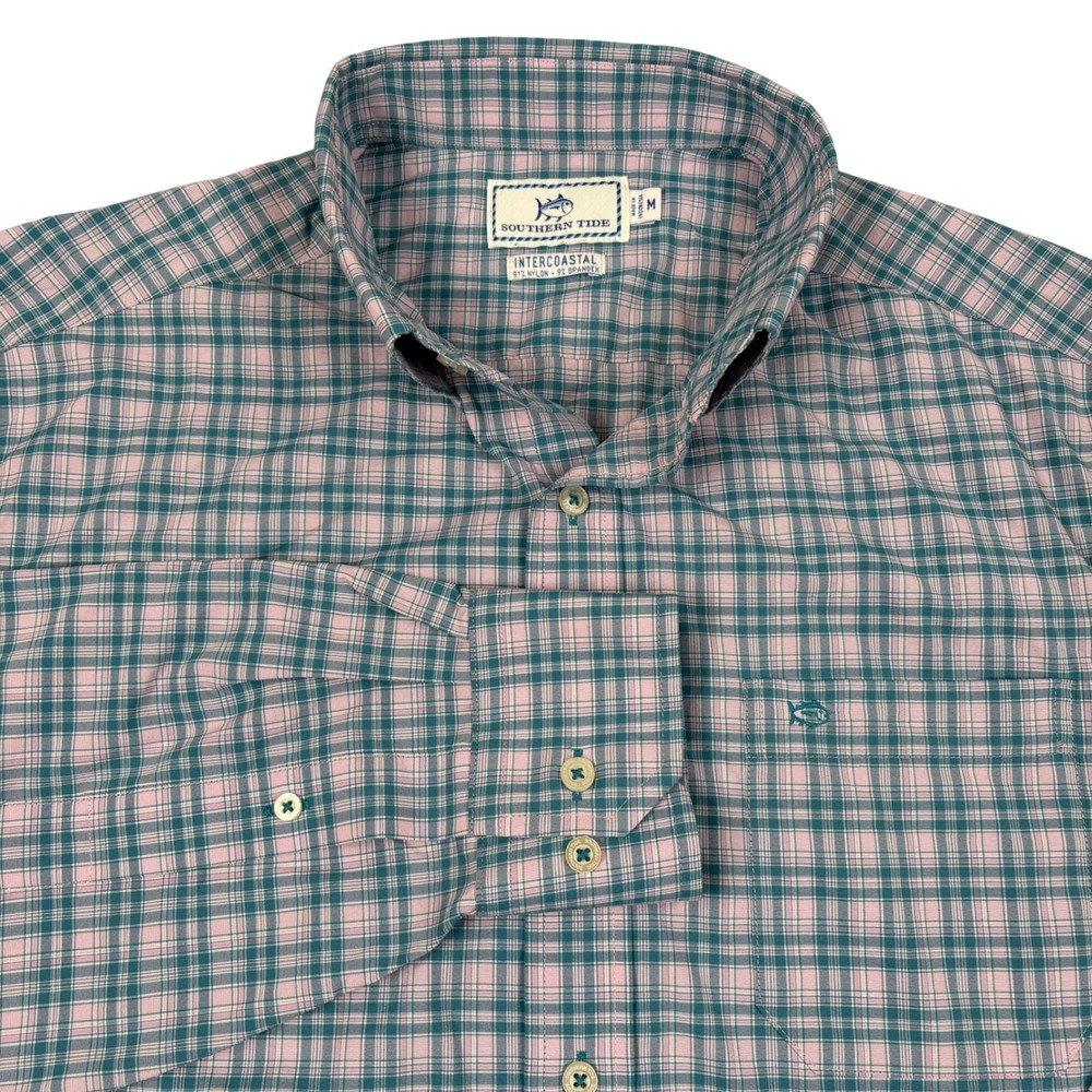 Southern Tide Intercoastal Shirt Mens Medium Pink Teal Plaid Preppy Coastal